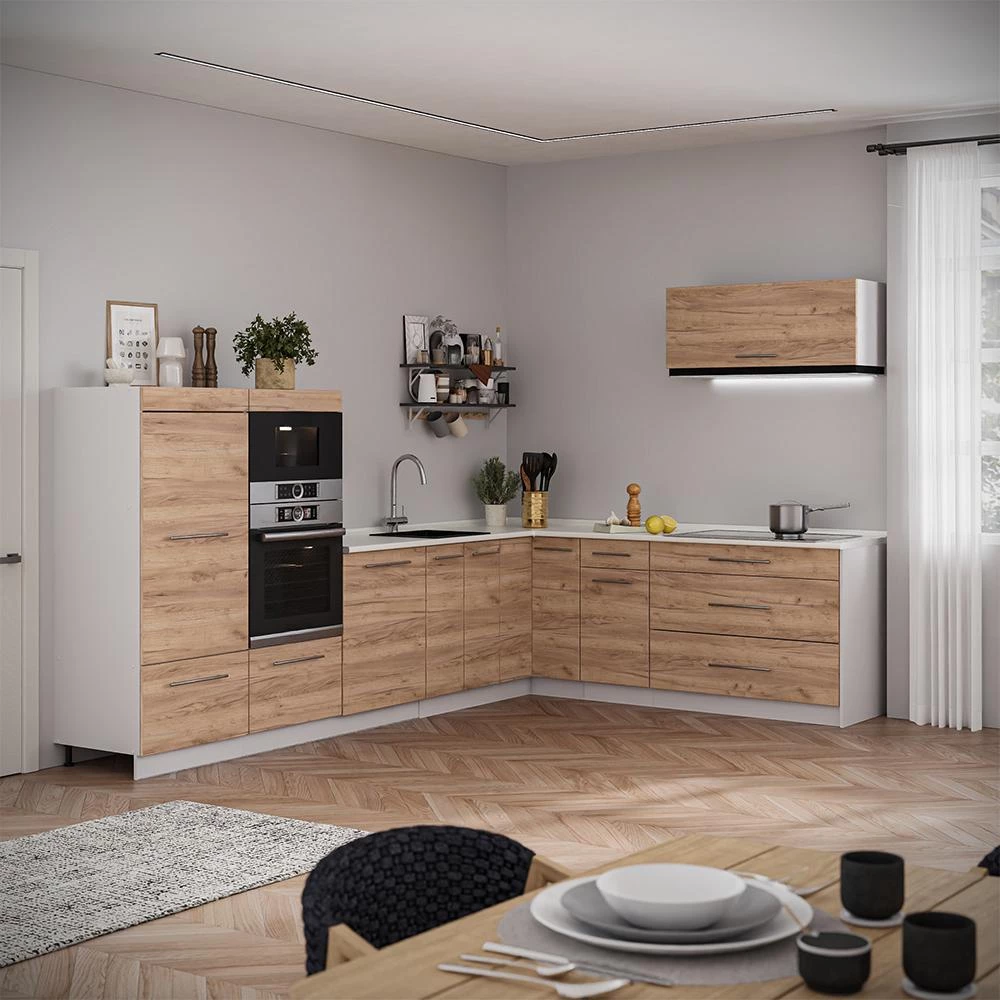 Cuisine en angle Fame-Line Chêne de force doré/Blanc 327 x 227 cm, PT Chêne Vicco