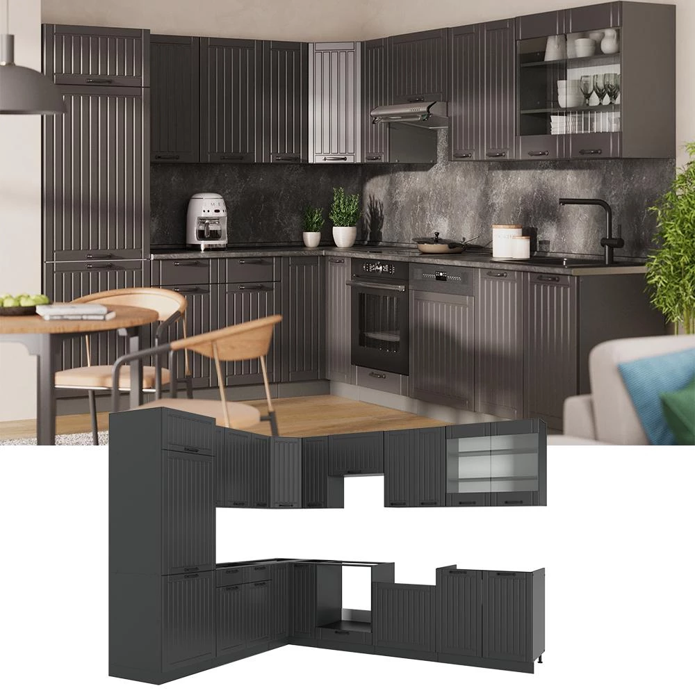 Cucina angolare completa Fame-Line Grigio scuro/Antracite 287 x 227 cm piano di lavoro Rovere dorato Vicco