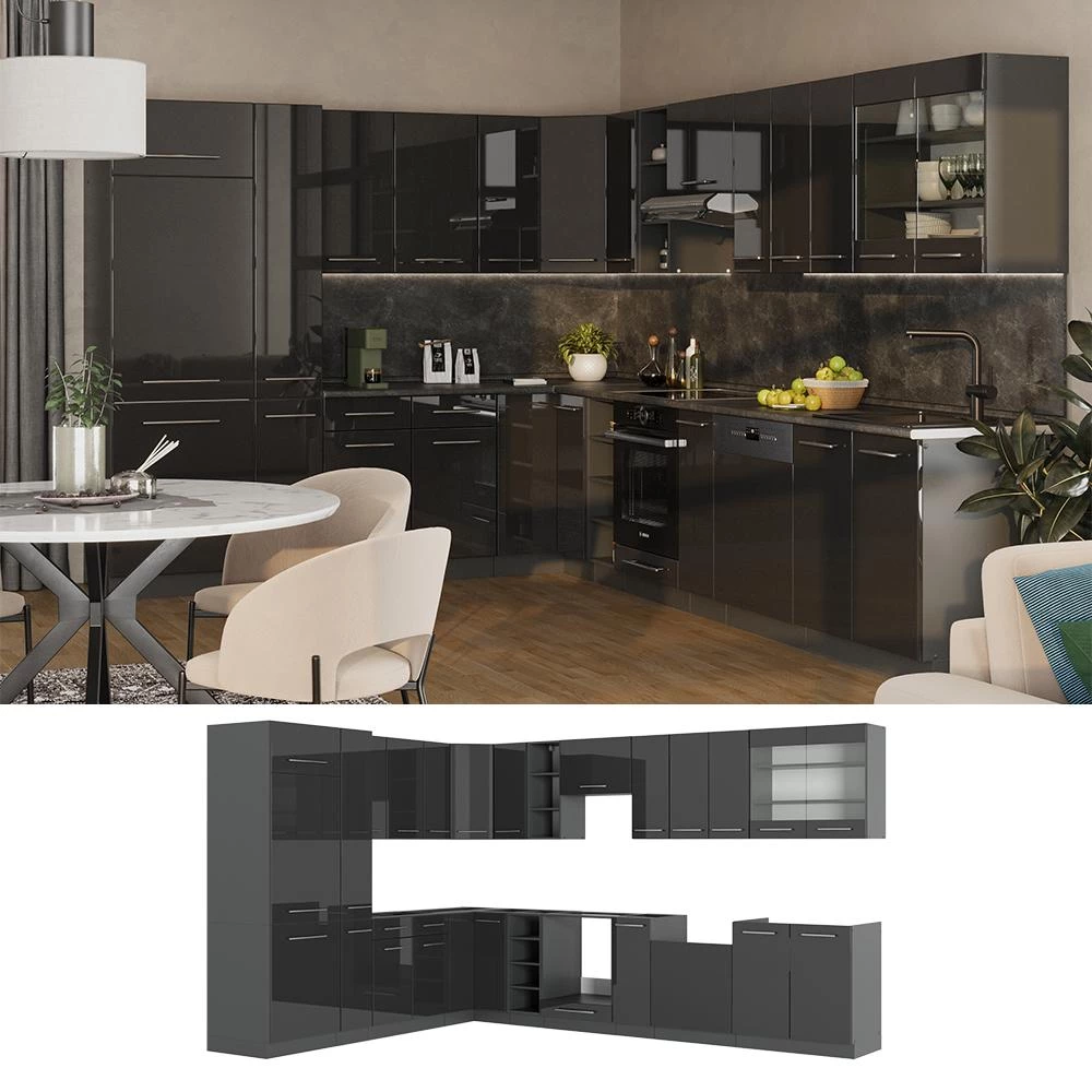 Cuisine en angle Fame-Line Anthracite Haute brillance/Anthracite 347 x 257 cm sans plan de travail Vicco