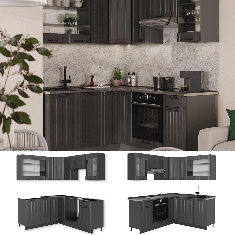 Cucina angolare completa Fame-Line Grigio scuro/Antracite 190 x 160 cm piano di lavoro Marmo Vicco