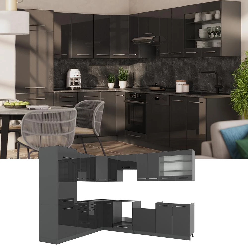 Cucina angolare completa Fame-Line Antracite lucido/Antracite 287 x 227 cm senza piano di lavoro Vicco