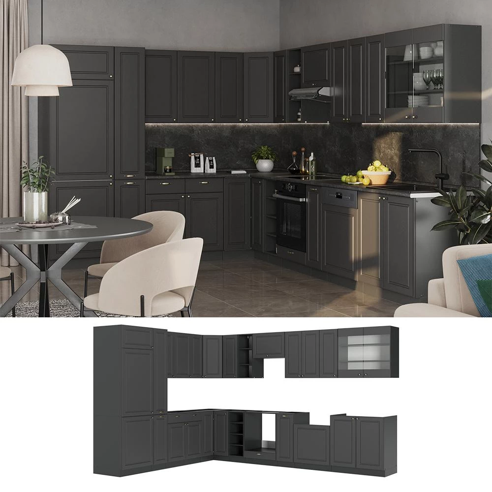 Cucina angolare completa Fame-Line Oro-antracite country/Antracite 347 x 257 cm piano di lavoro Marmo Vicco
