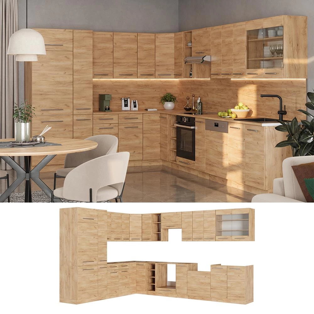 Cucina angolare completa Fame-Line Rovere dorato/Rovere dorato 347 x 257 cm piano di lavoro Antracite Vicco