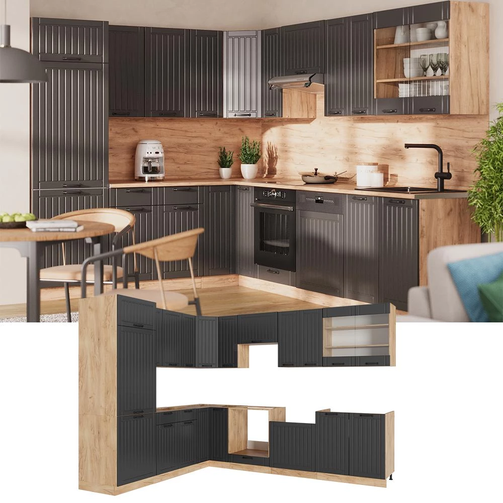 Cucina angolare completa Fame-Line Grigio scuro/Rovere dorato 287 x 227 cm piano di lavoro Antracite Vicco