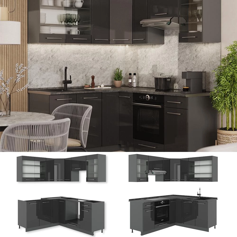 Cucina angolare completa Fame-Line Antracite lucido/Antracite 190 x 160 cm senza piano di lavoro Vicco