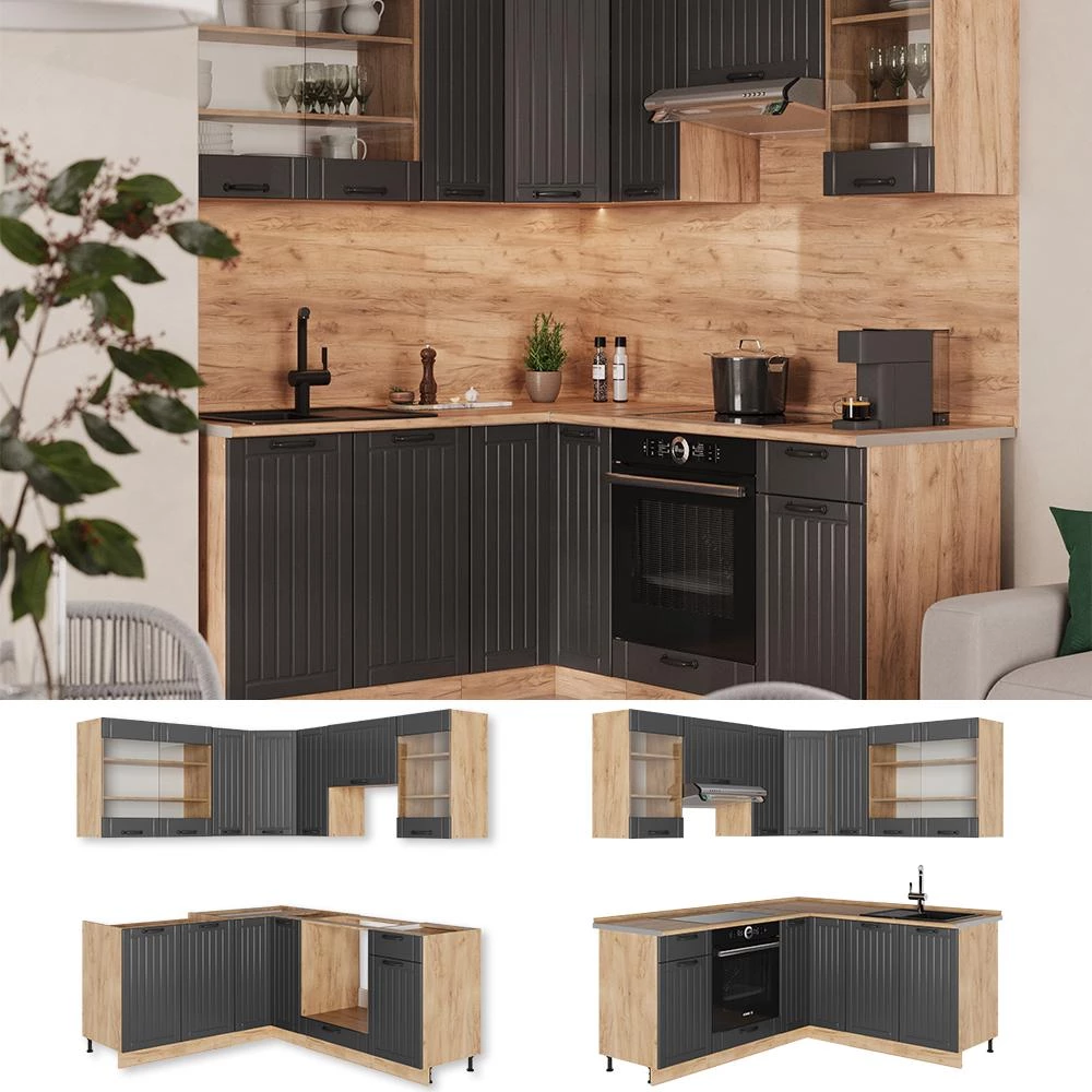 Cuisine en angle Fame-Line Gris foncé/Chêne doré 190 x 160 cm plan de travail Anthracite Vicco