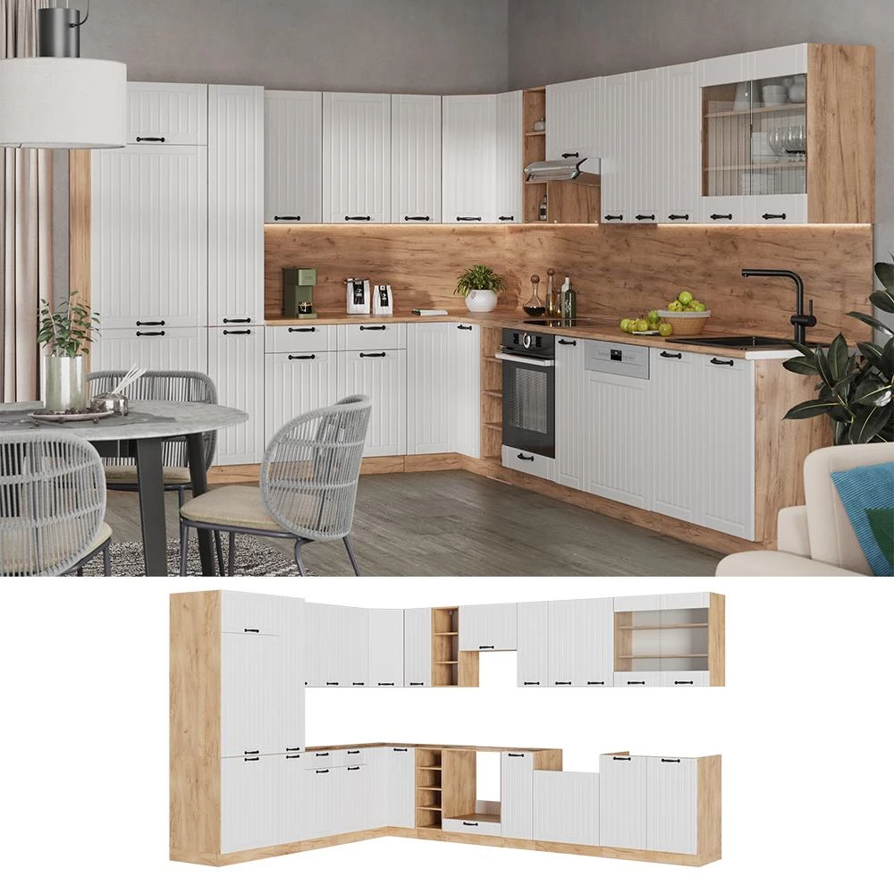 Cucina angolare completa Fame-Line Bianco country/Rovere dorato 347 x 257 cm piano di lavoro Marmo Vicco