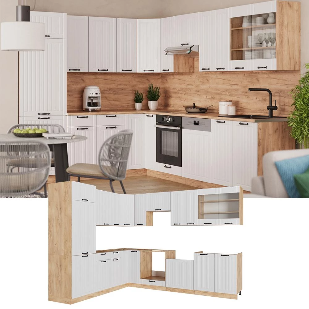 Cucina angolare completa Fame-Line Bianco country/Rovere dorato 287 x 227 cm senza piano di lavoro Vicco