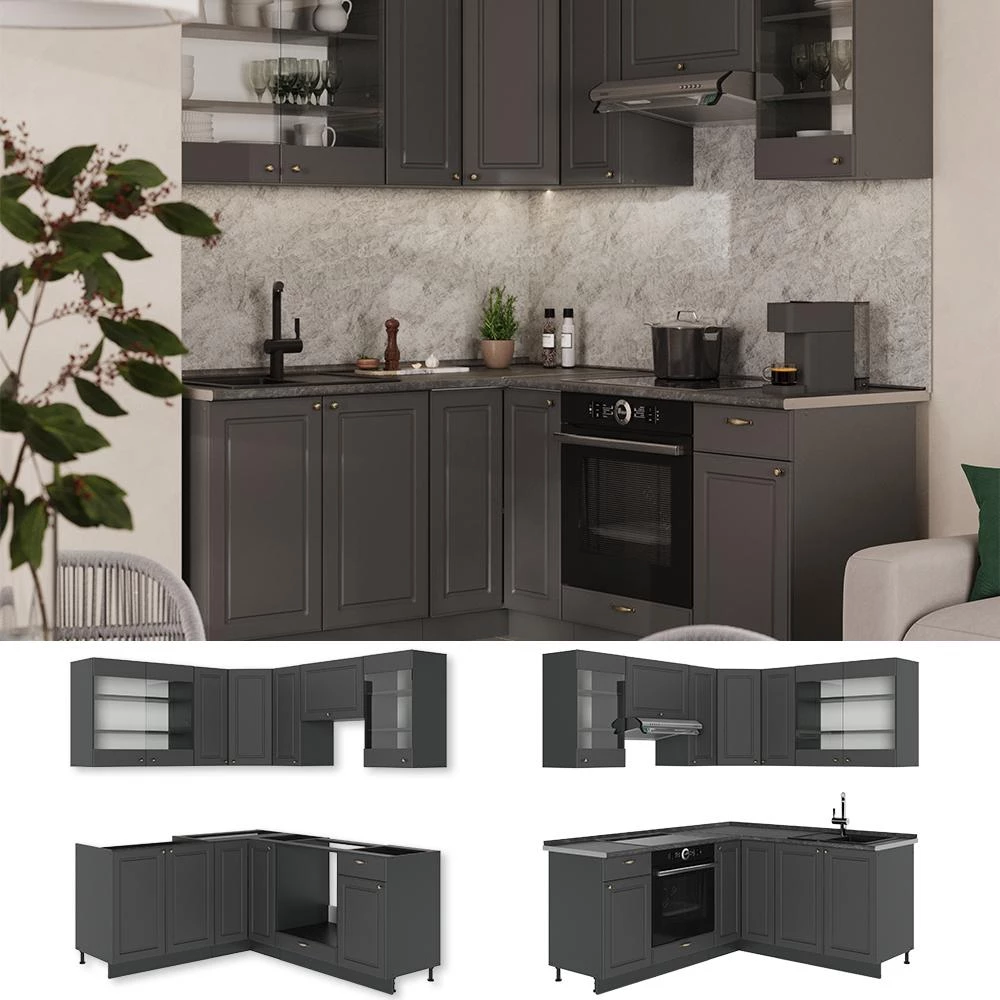Cucina angolare completa Fame-Line Oro-antracite country/Antracite 190 x 160 cm piano di lavoro Marmo Vicco