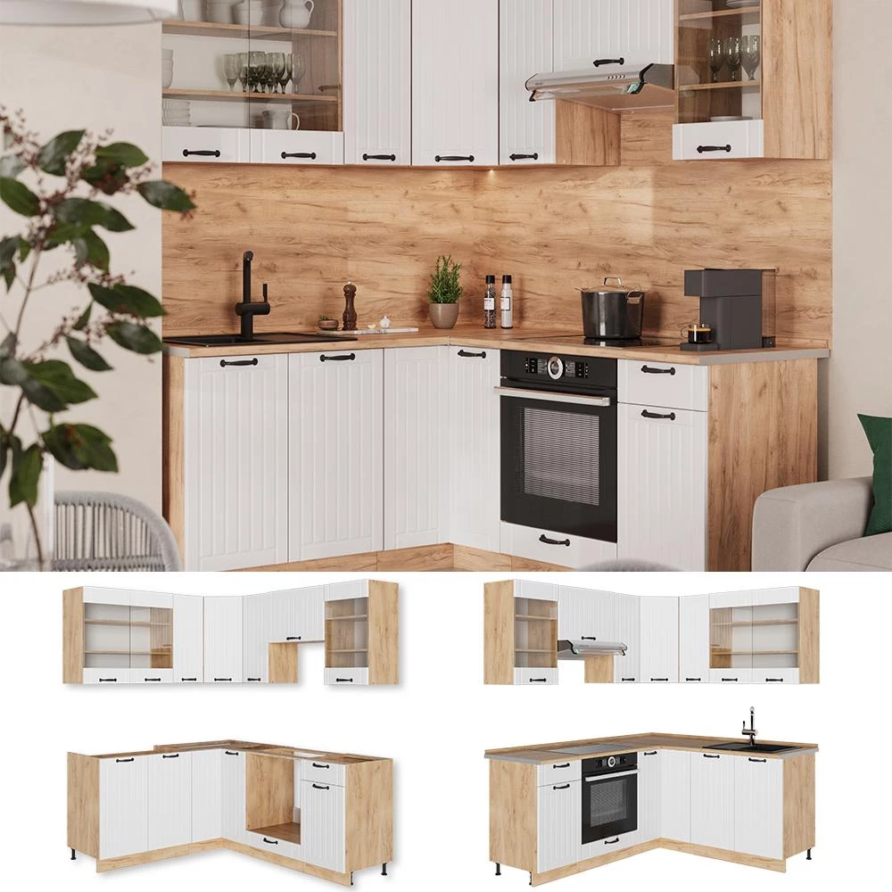 Cucina angolare completa Fame-Line Bianco country/Rovere dorato 190 x 160 cm piano di lavoro Antracite Vicco