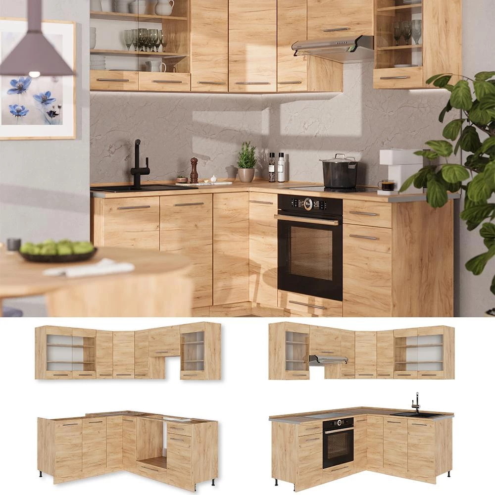 Cucina angolare completa Fame-Line Rovere dorato/Rovere dorato 190 x 160 cm piano di lavoro Marmo Vicco