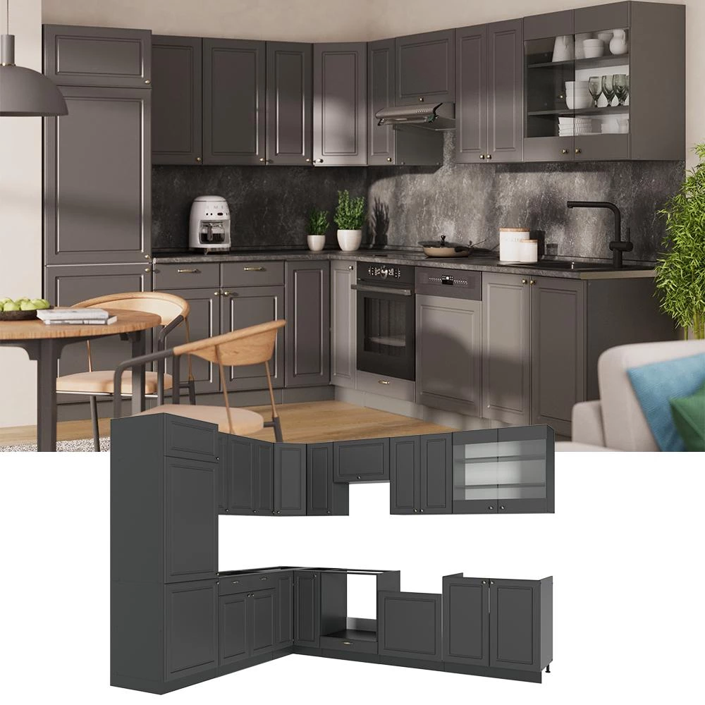 Cucina angolare completa Fame-Line Oro-antracite country/Antracite 287 x 227 cm piano di lavoro Rovere dorato Vicco