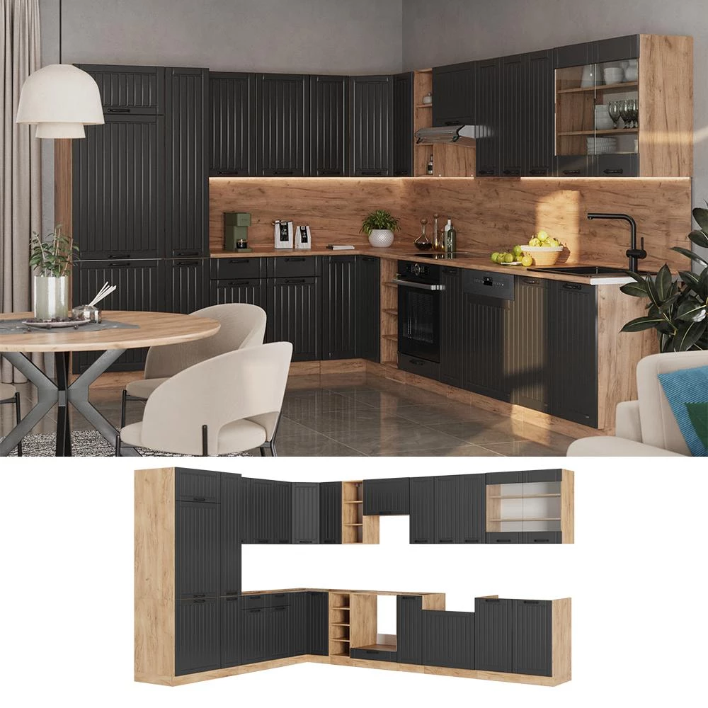 Cucina angolare completa Fame-Line Grigio scuro/Rovere dorato 347 x 257 cm piano di lavoro Rovere dorato Vicco