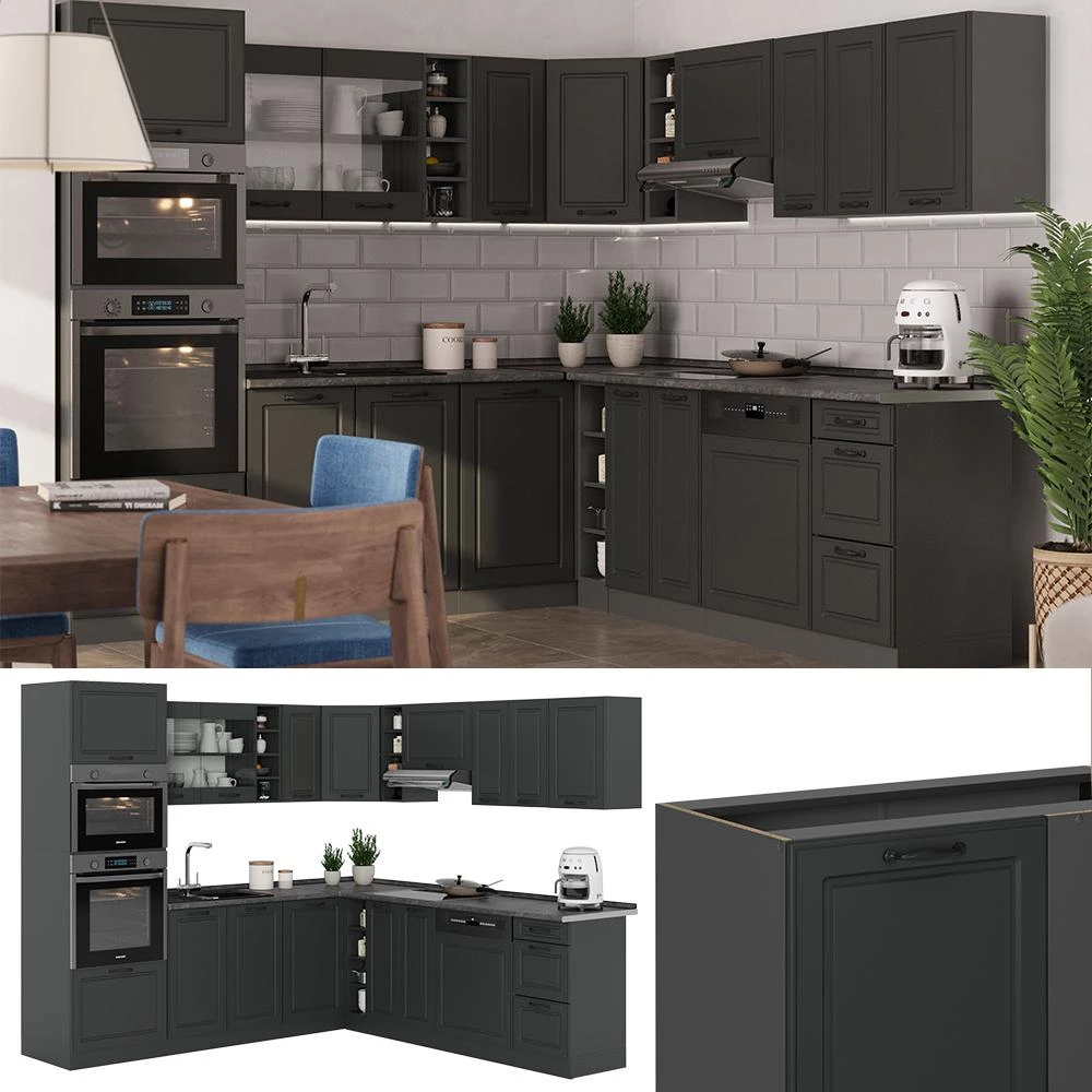 Hoekkeuken R-Line Antraciet landhuis/Antraciet 247 x 237 cm, WB Antraciet Vicco