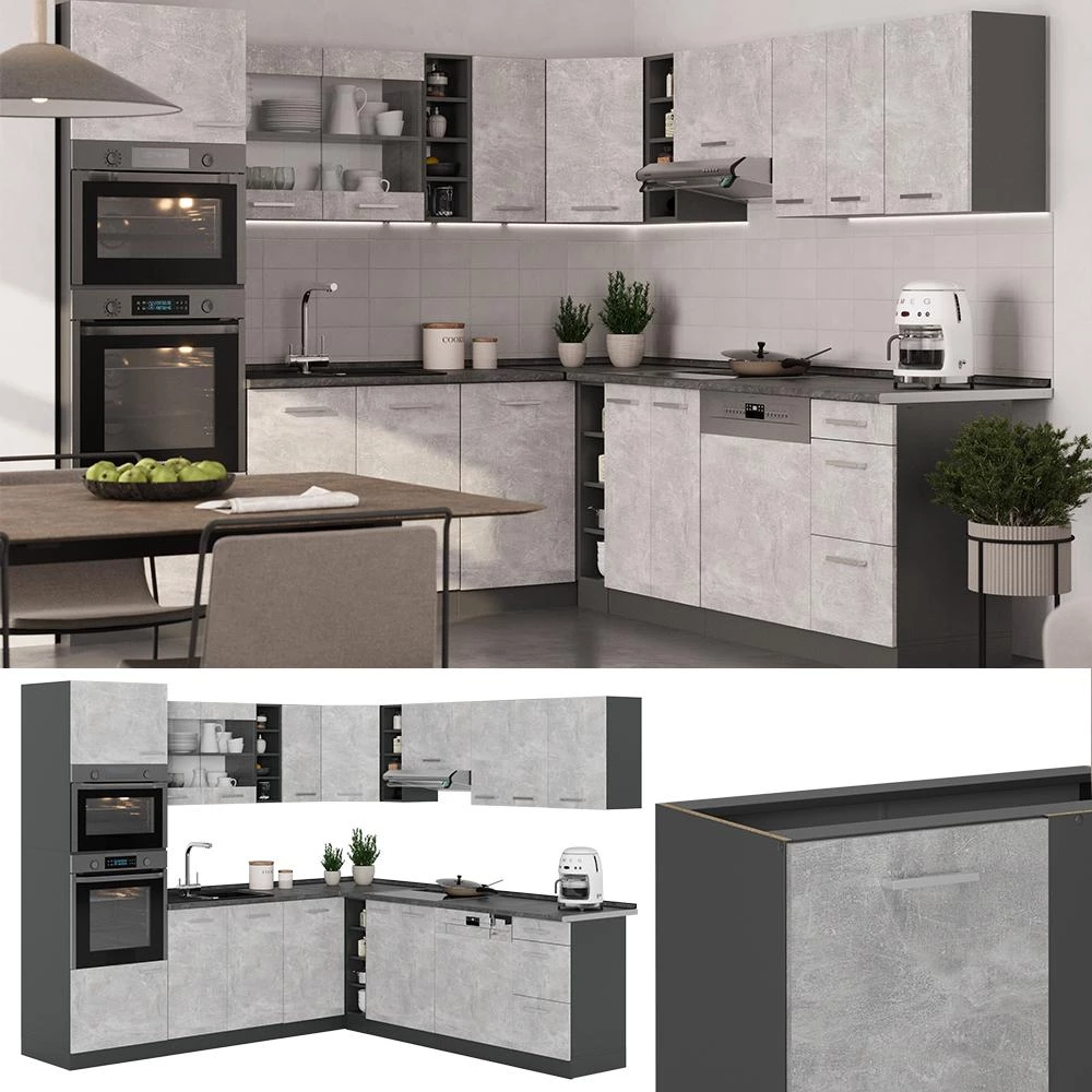Eckküche R-Line Beton/Anthrazit 247 x 237 cm, AP Anthrazit Vicco