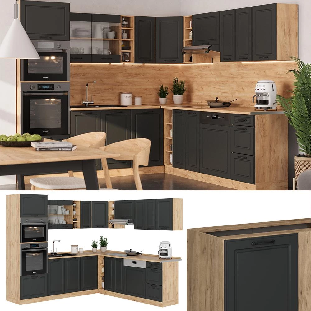 Hoekkeuken R-Line Antraciet landhuis/Goudkleurig Eiken 247 x 237 cm, WB Eik Vicco