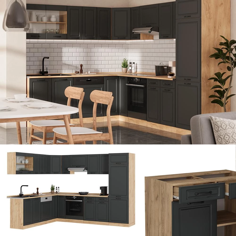 Eckküche R-Line Anthrazit Landhaus/Goldkraft Eiche 287 x 227 cm, AP Marmor Vicco