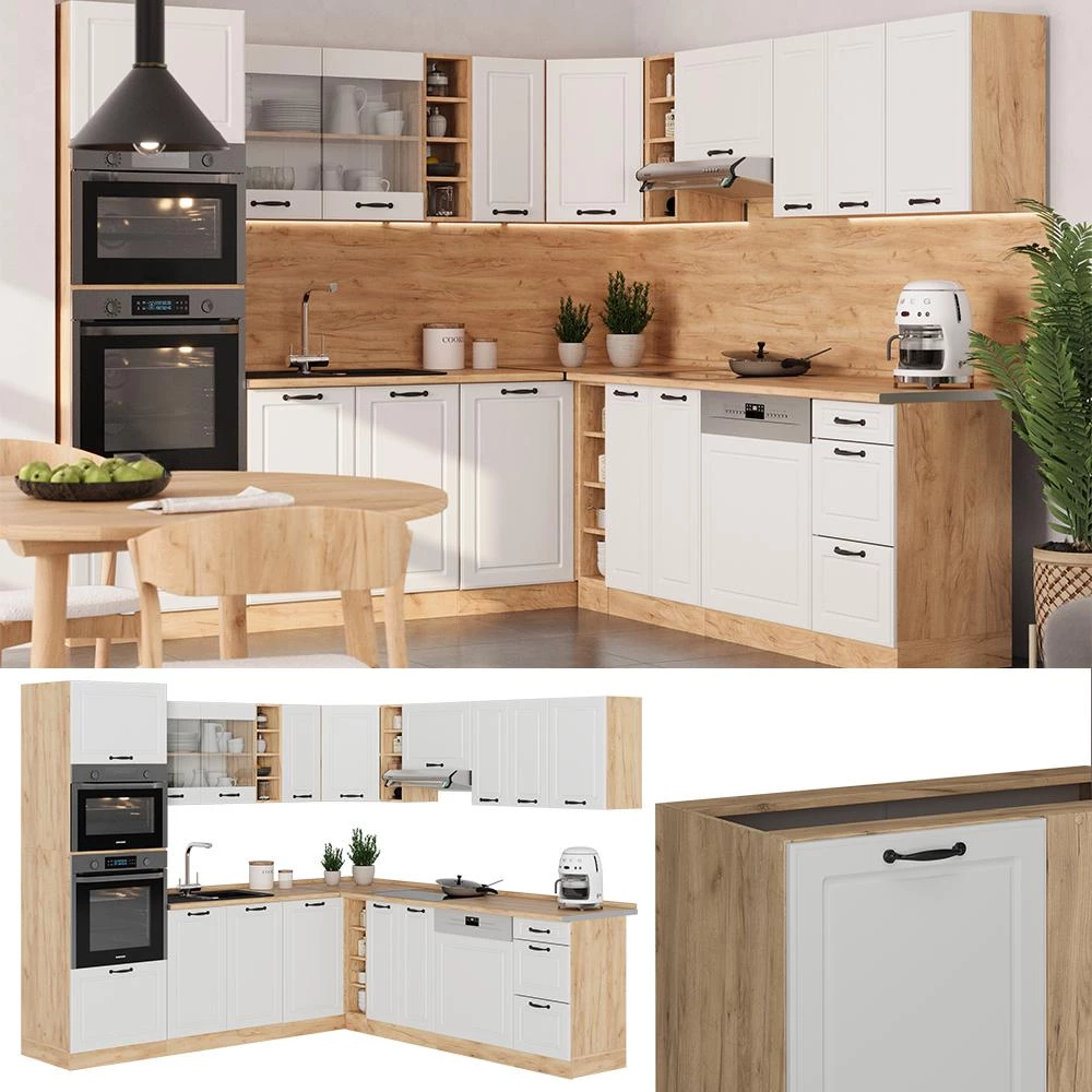 Eckküche R-Line Weiß Landhaus/Goldkraft Eiche 247 x 237 cm, AP Anthrazit Vicco