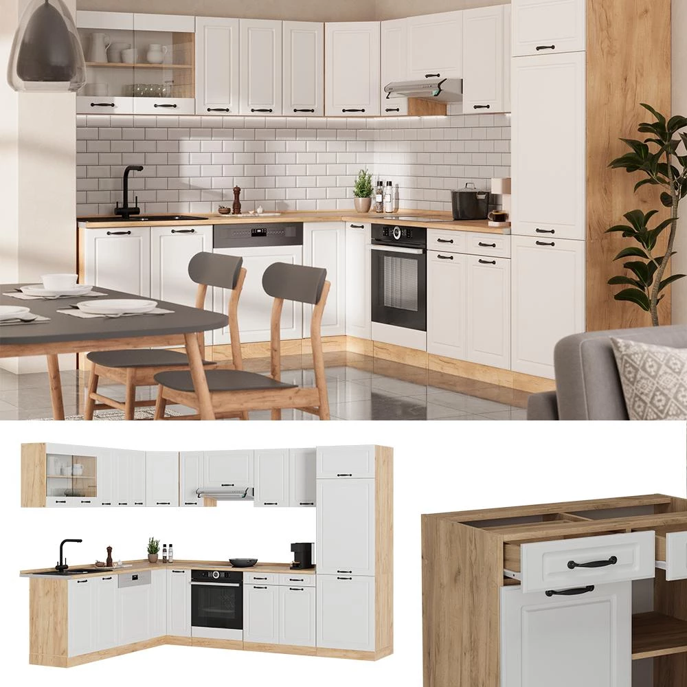 Eckküche R-Line Weiß/Goldkraft Eiche 287 x 227 cm, AP Marmor Vicco