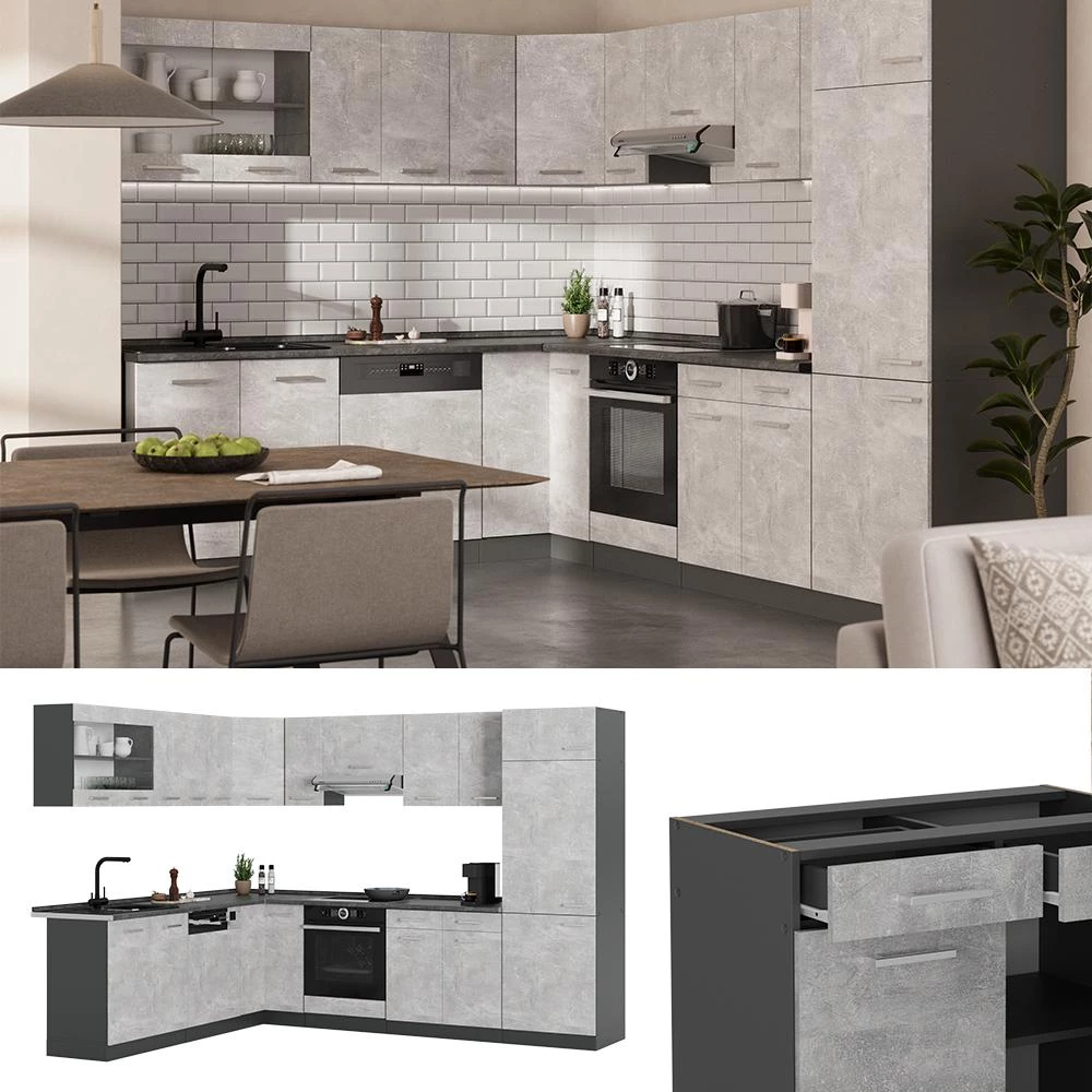 Eckküche R-Line Beton/Anthrazit 287 x 227 cm, AP Eiche Vicco