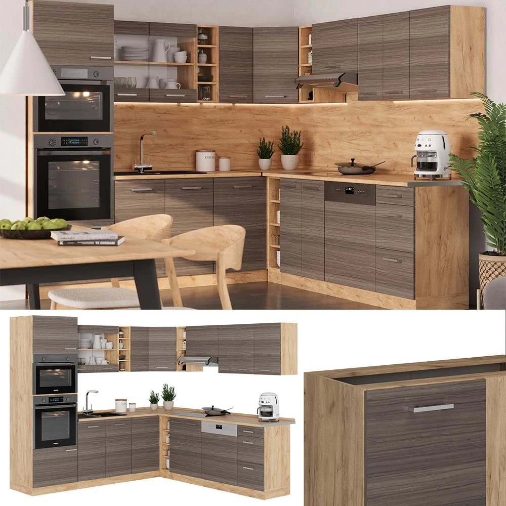 Eckküche R-Line Edelgrau/Goldkraft Eiche 247 x 237 cm, AP Anthrazit Vicco