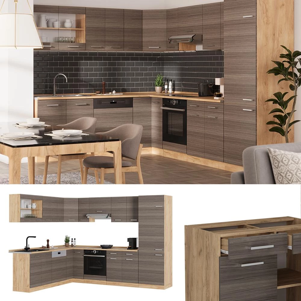 Eckküche R-Line Edelgrau/Goldkraft Eiche 287 x 227 cm ohne Arbeitsplatte Vicco