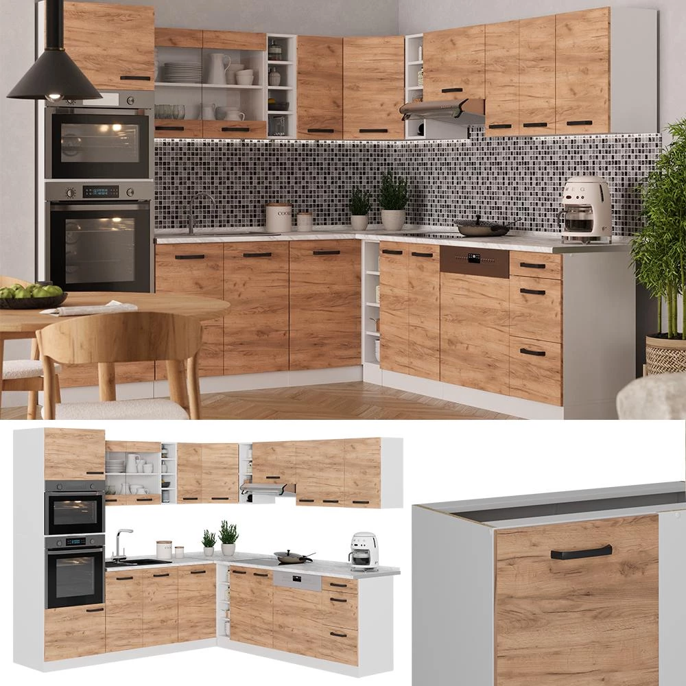 Eckküche R-Line Goldkraft Eiche/Weiß 247 x 237 cm AP Marmor livinity®