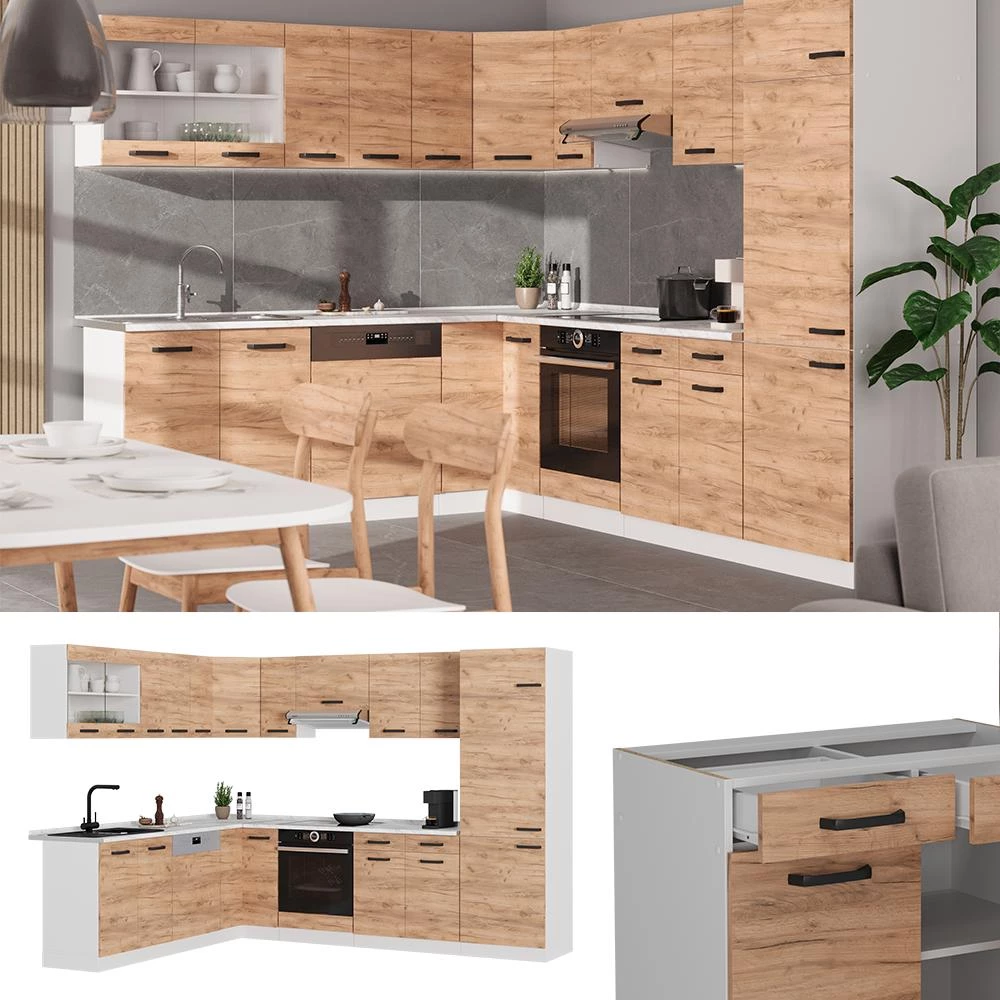 Eckküche R-Line Goldkraft Eiche/Weiß 287 x 227 cm ohne Arbeitsplatte livinity®