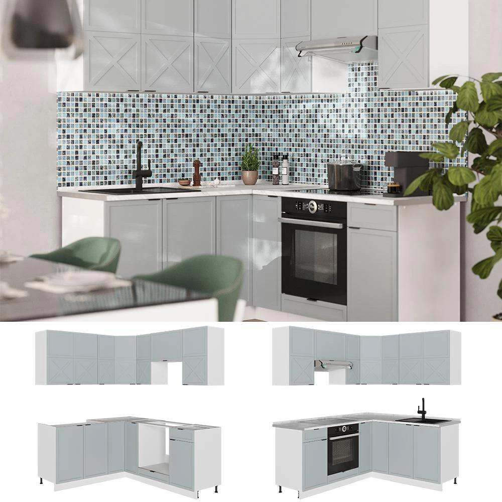 Cuisine en angle Fame-Line Bleu clair-gris/Blanc 190 x 160 cm plan de travail Anthracite Vicco