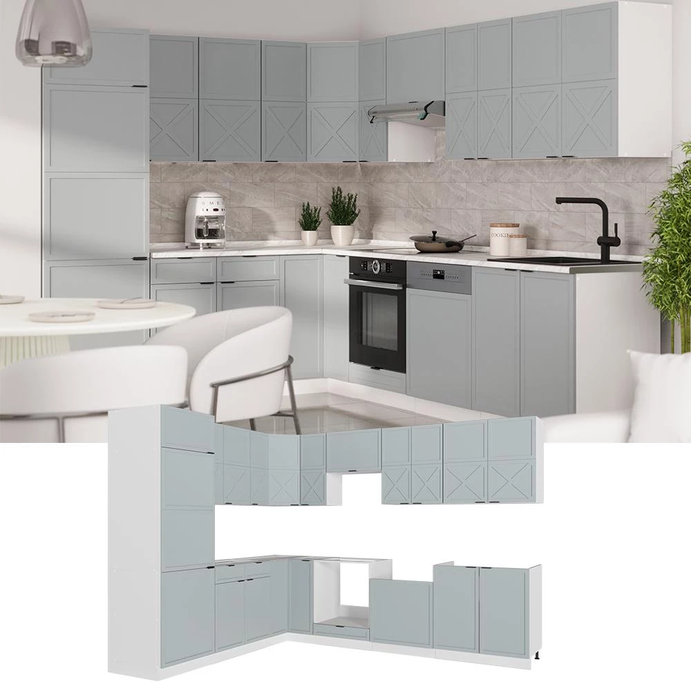 Cuisine en angle Fame-Line Bleu clair-gris/Blanc 287 x 227 cm plan de travail Anthracite Vicco