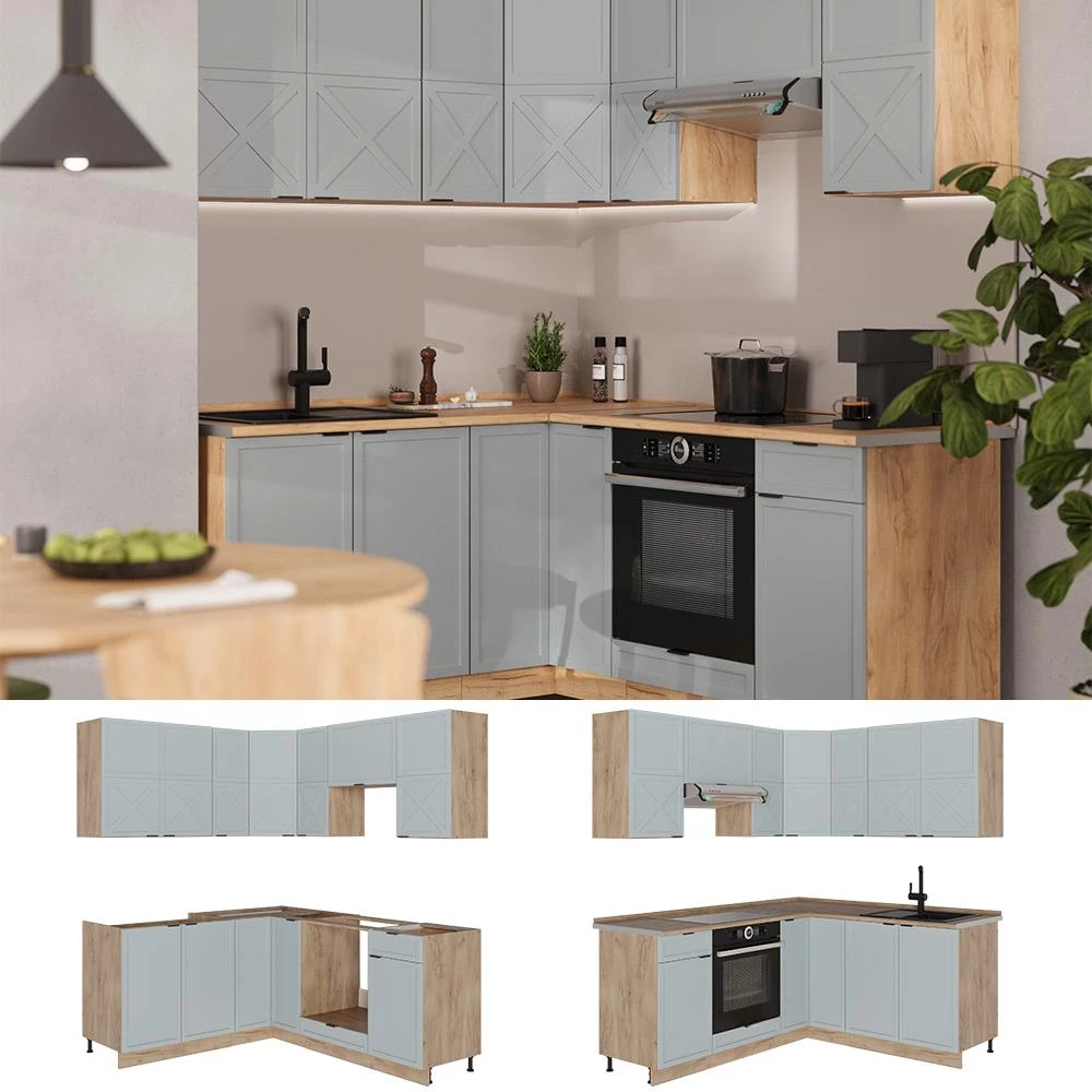 Cuisine en angle Fame-Line Bleu clair-gris/Chêne doré 190 x 160 cm plan de travail Chêne doré Vicco