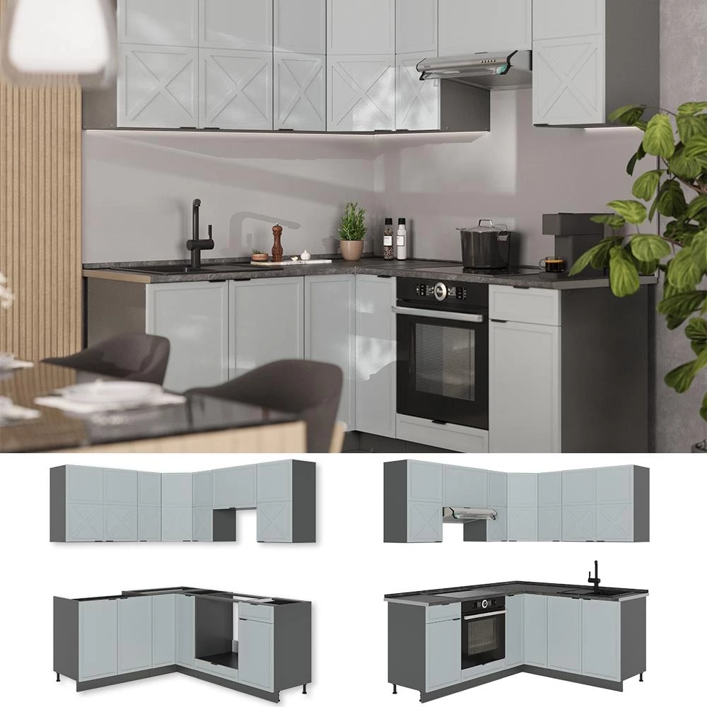 Cuisine en angle Fame-Line Bleu clair-gris/Anthracite 190 x 160 cm plan de travail Anthracite Vicco