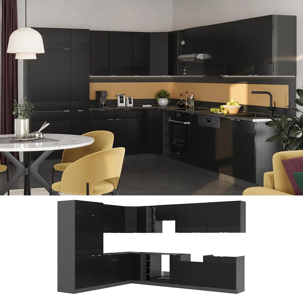 Cuisine en angle Fame-Line Noir rayé/Anthracite 347 x 257 cm plan de travail Chêne doré Vicco