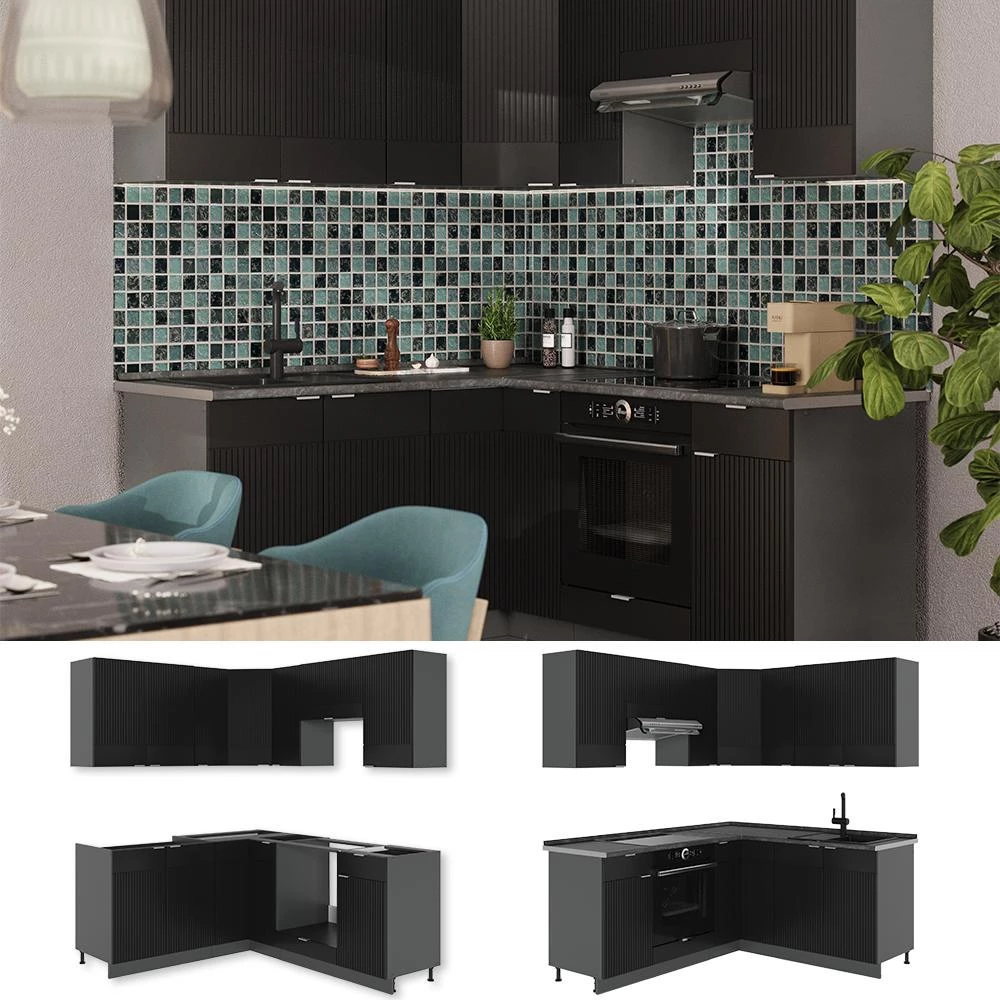 Cuisine en angle Fame-Line Noir rayé/Anthracite 190 x 160 cm plan de travail Chêne doré Vicco