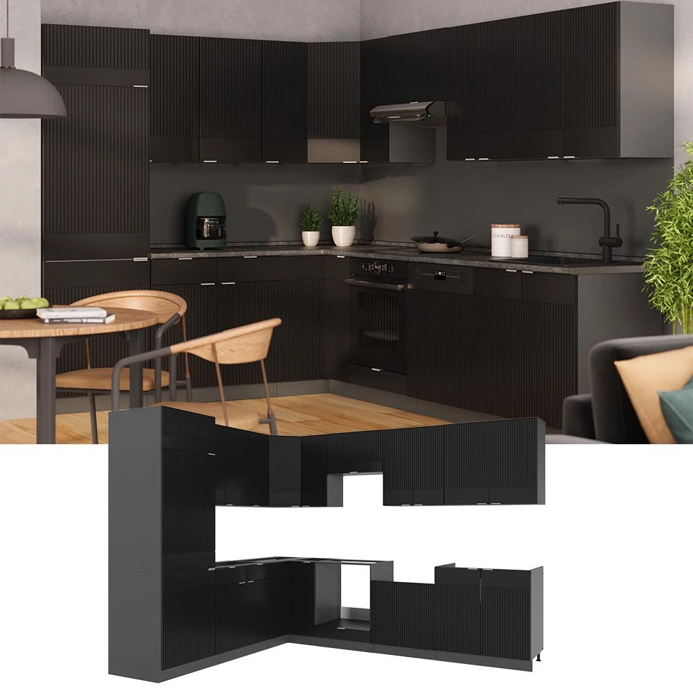 Cuisine en angle Fame-Line Noir rayé/Anthracite 287 x 227 cm plan de travail Anthracite Vicco