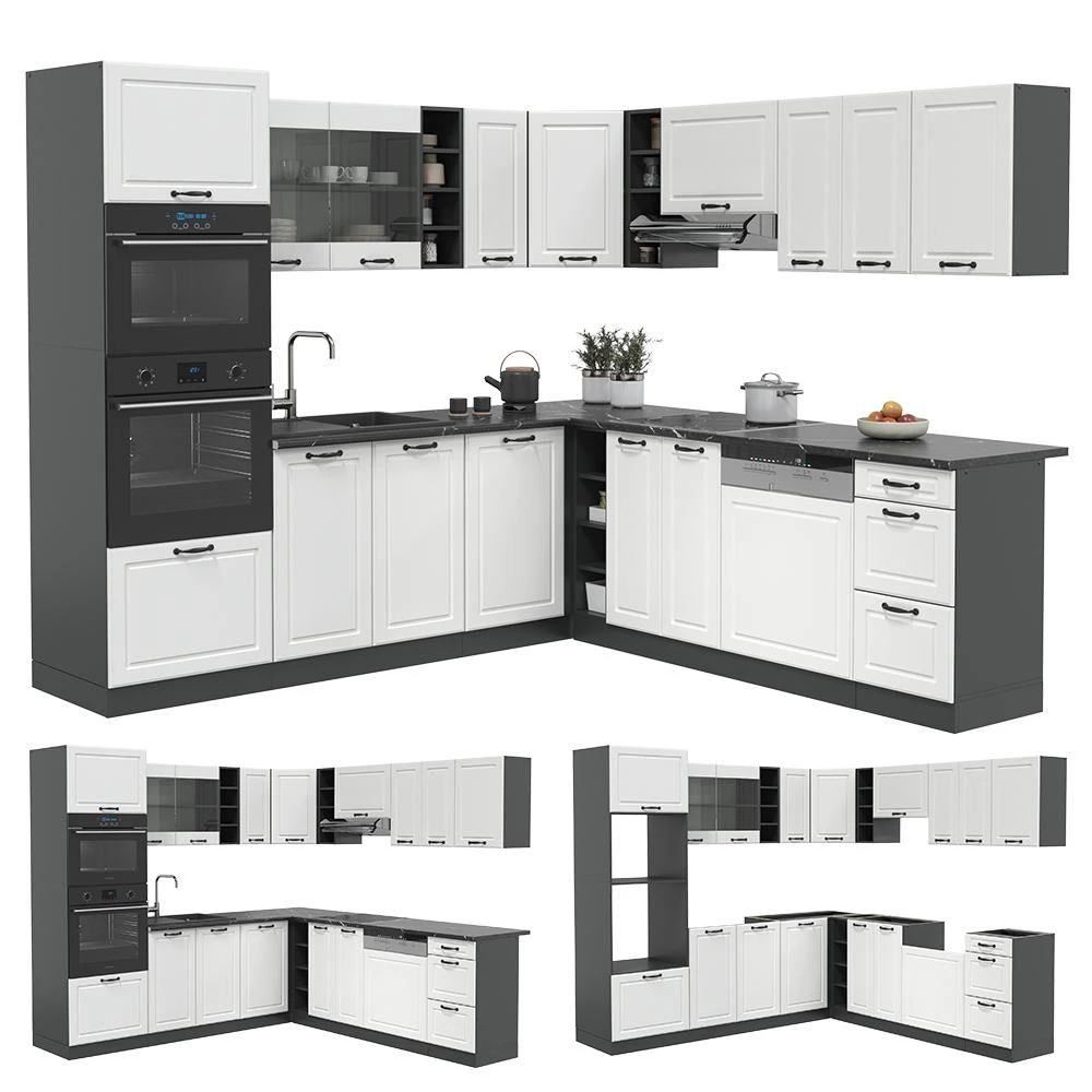 Eckküche R-Line Weiß Landhaus/Anthrazit 247 x 237 cm, AP Anthrazit livinity®