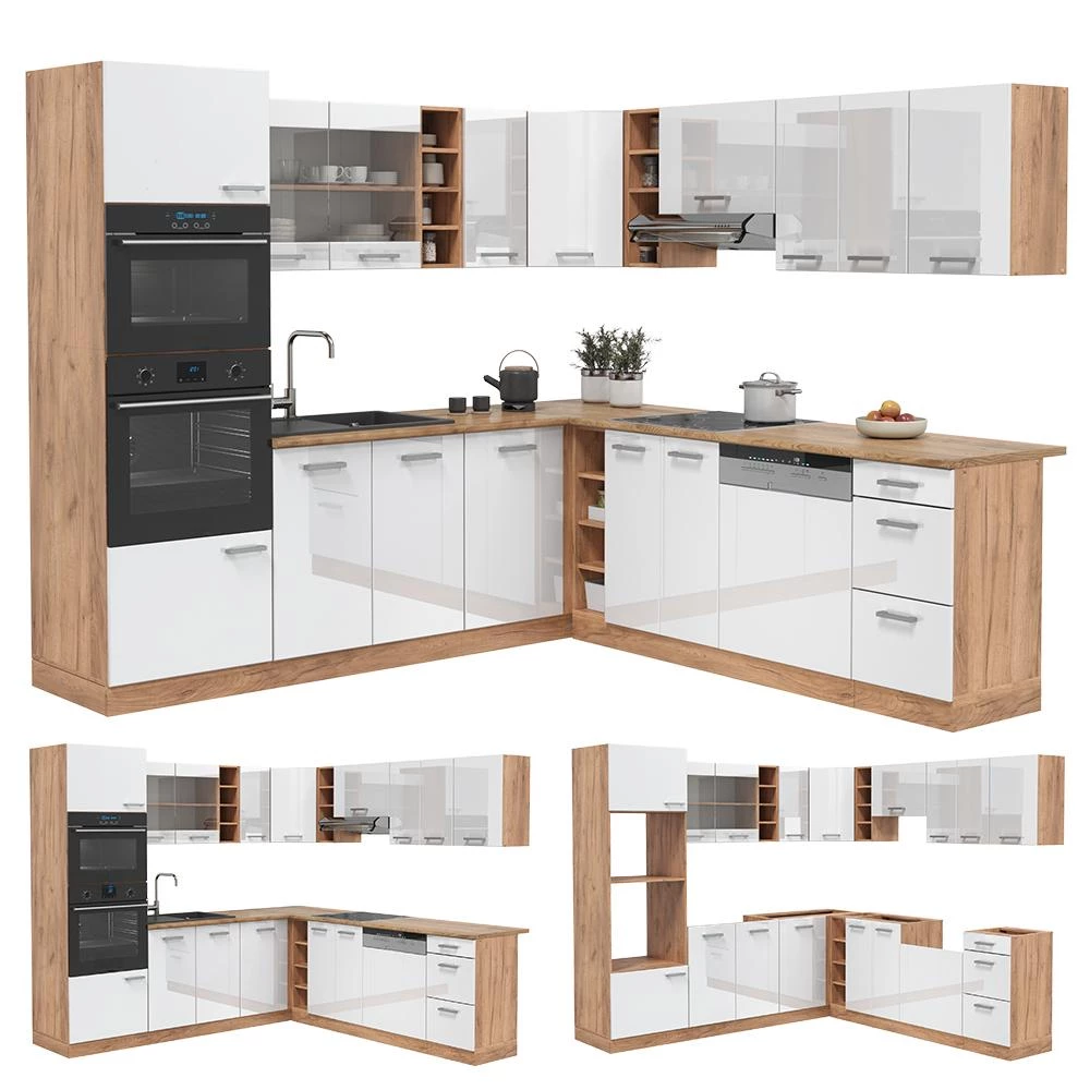 Eckküche R-Line Weiß Hochglanz/Goldkraft Eiche 247 x 237 cm, AP Eiche livinity®