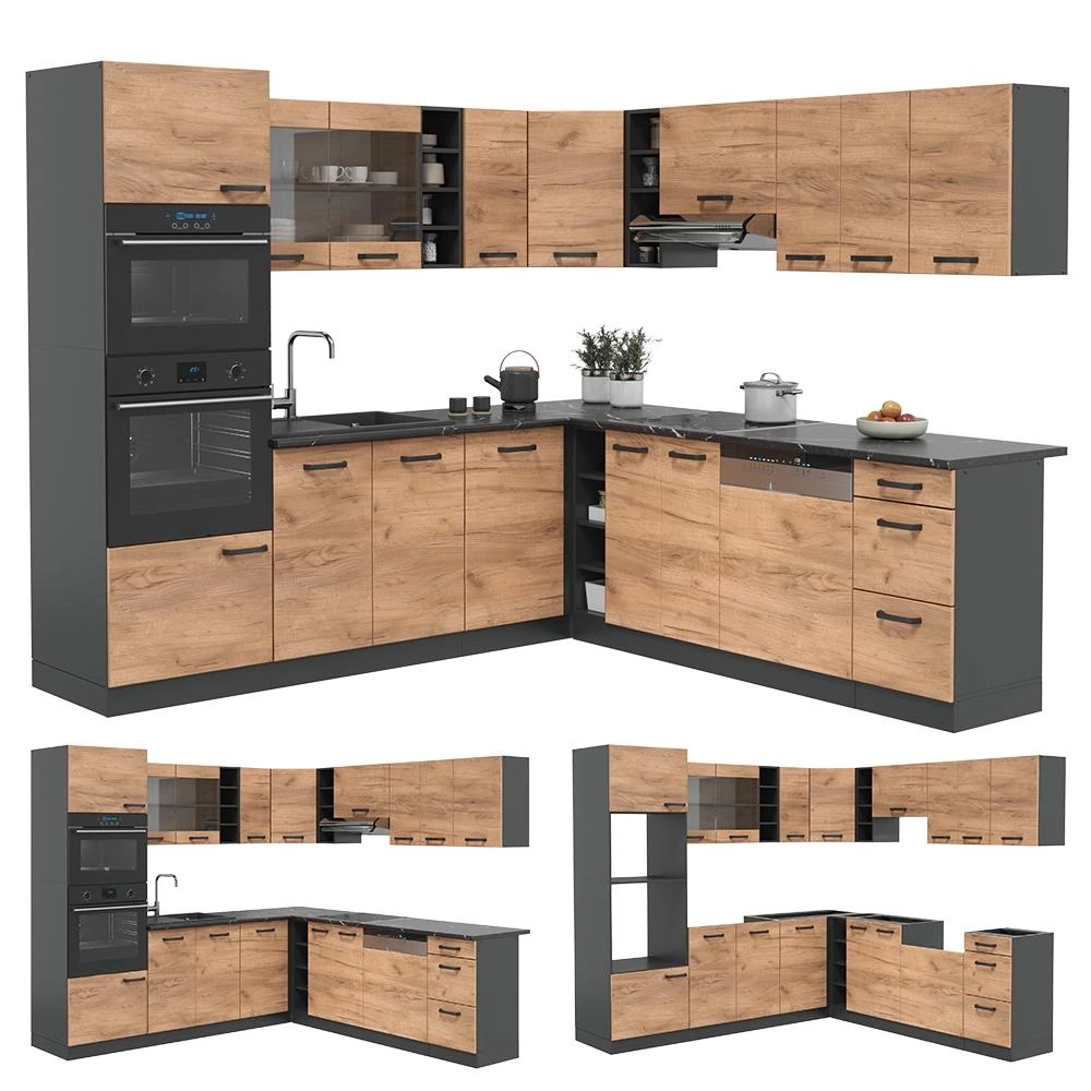 Eckküche R-Line Anthrazit/Goldkraft Eiche 247 x 237 cm, AP Marmor livinity®