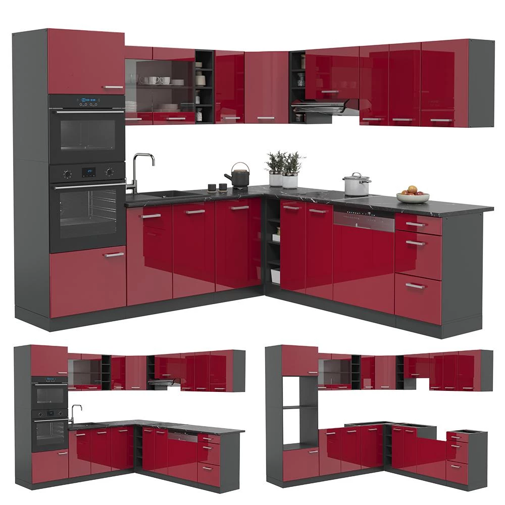 Eckküche R-Line Rot Hochglanz/Anthrazit 247 x 237 cm, AP Marmor livinity®