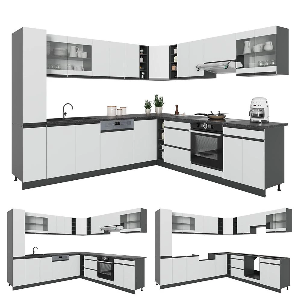 Hoekkeuken R-Line Wit/Antraciet 277 x 257 cm J-Shape, WB Eik Vicco