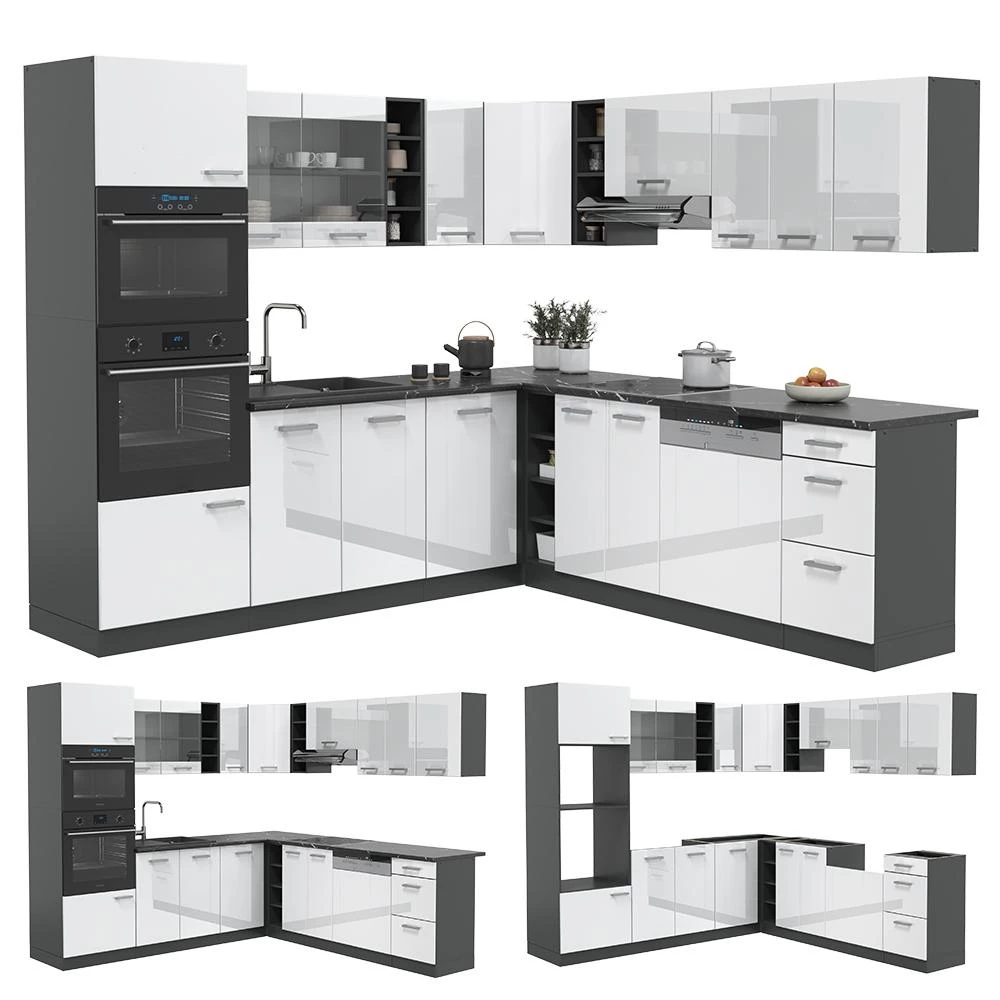 Eckküche R-Line Weiß Hochglanz/Anthrazit 247 x 237 cm, AP Eiche livinity®