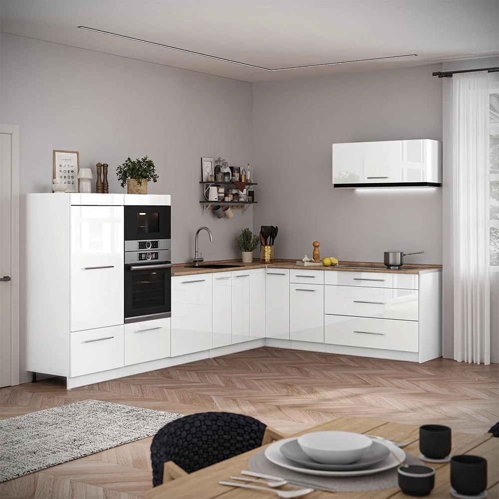 Cucina angolare completa Fame-Line Bianco lucido/Bianco 327 x 227 cm piano di lavoro Antracite Vicco