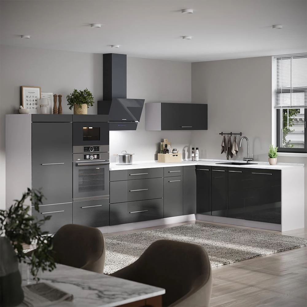 Cucina angolare completa Fame-Line Antracite lucido/Bianco 347 x 207 cm piano di lavoro Marmo Vicco