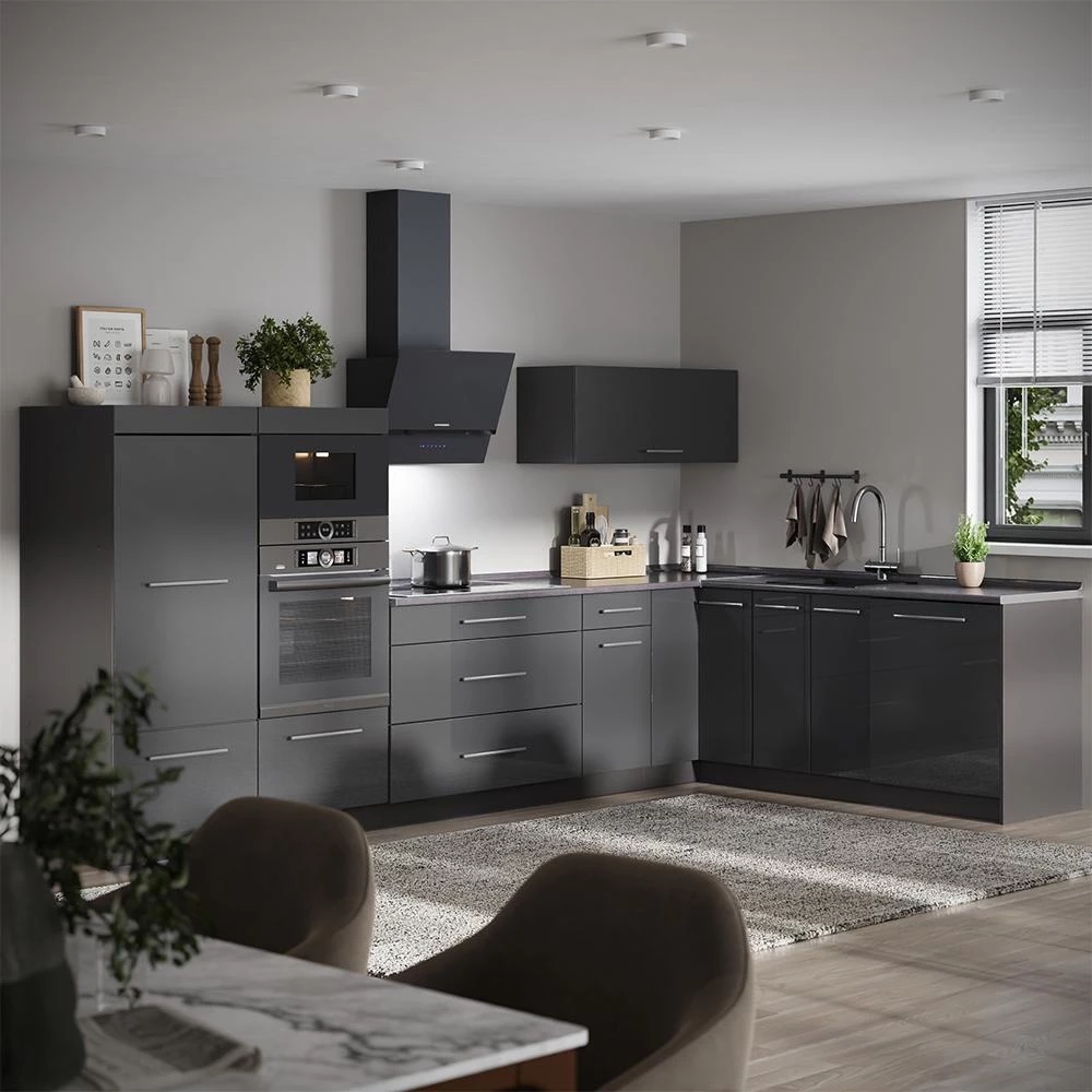 Cucina angolare completa Fame-Line Antracite lucido/Antracite 347 x 207 cm piano di lavoro Marmo Vicco