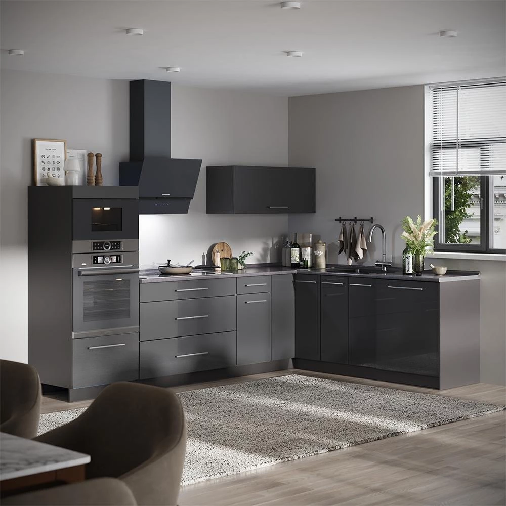 Cucina angolare completa Fame-Line Antracite lucido/Antracite 287 x 207 cm piano di lavoro Antracite Vicco