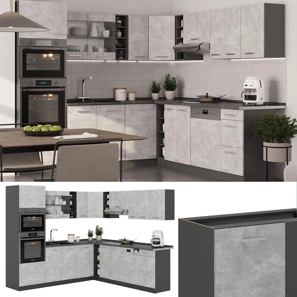 Eckküche R-Line Beton/Anthrazit 247 x 237 cm, AP Eiche Vicco