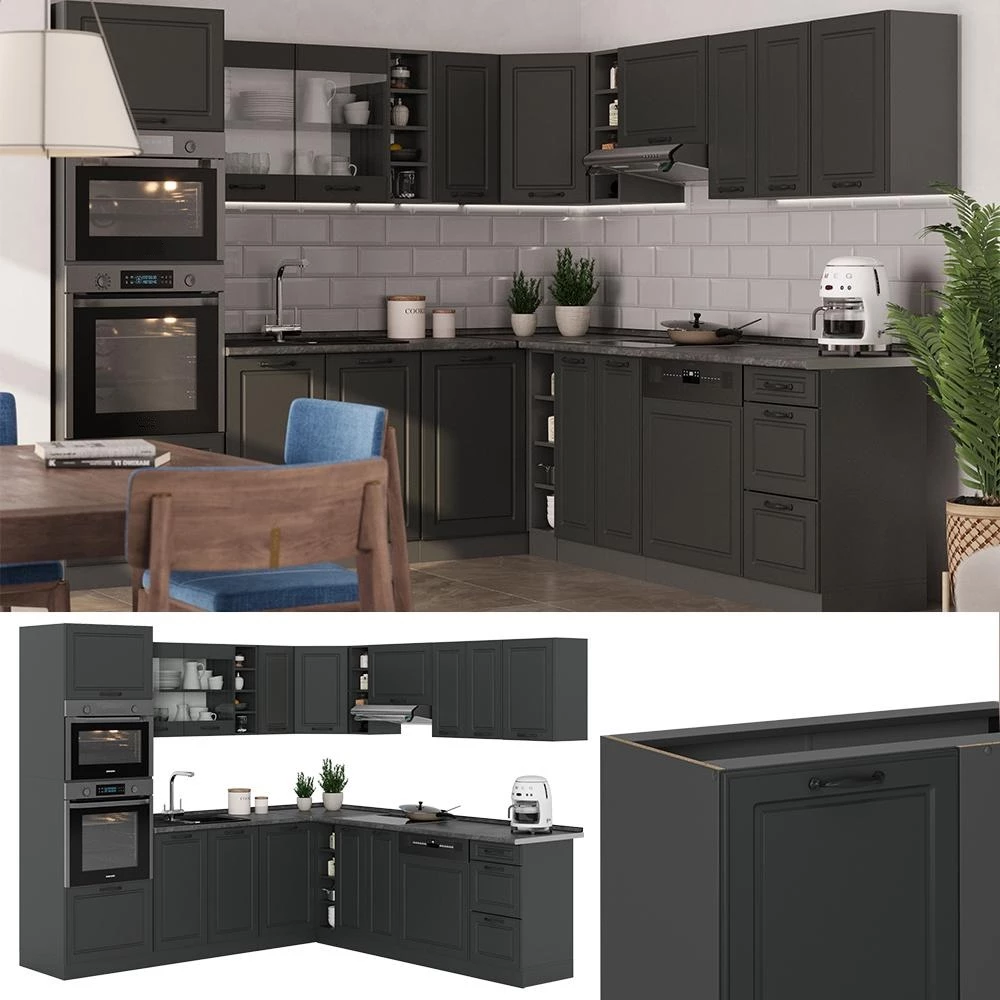 Eckküche R-Line Anthrazit Landhaus/Anthrazit 247 x 237 cm ohne Arbeitsplatte Vicco
