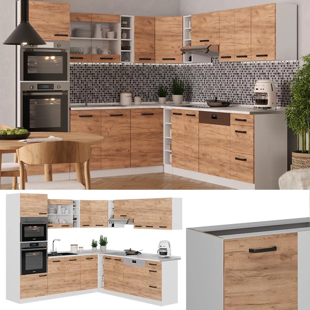 Eckküche R-Line Goldkraft Eiche/Weiß 247 x 237 cm AP Anthrazit livinity®