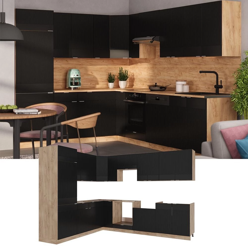 Cuisine en angle Fame-Line Noir rayé/Chêne doré 287 x 227 cm plan de travail Anthracite Vicco