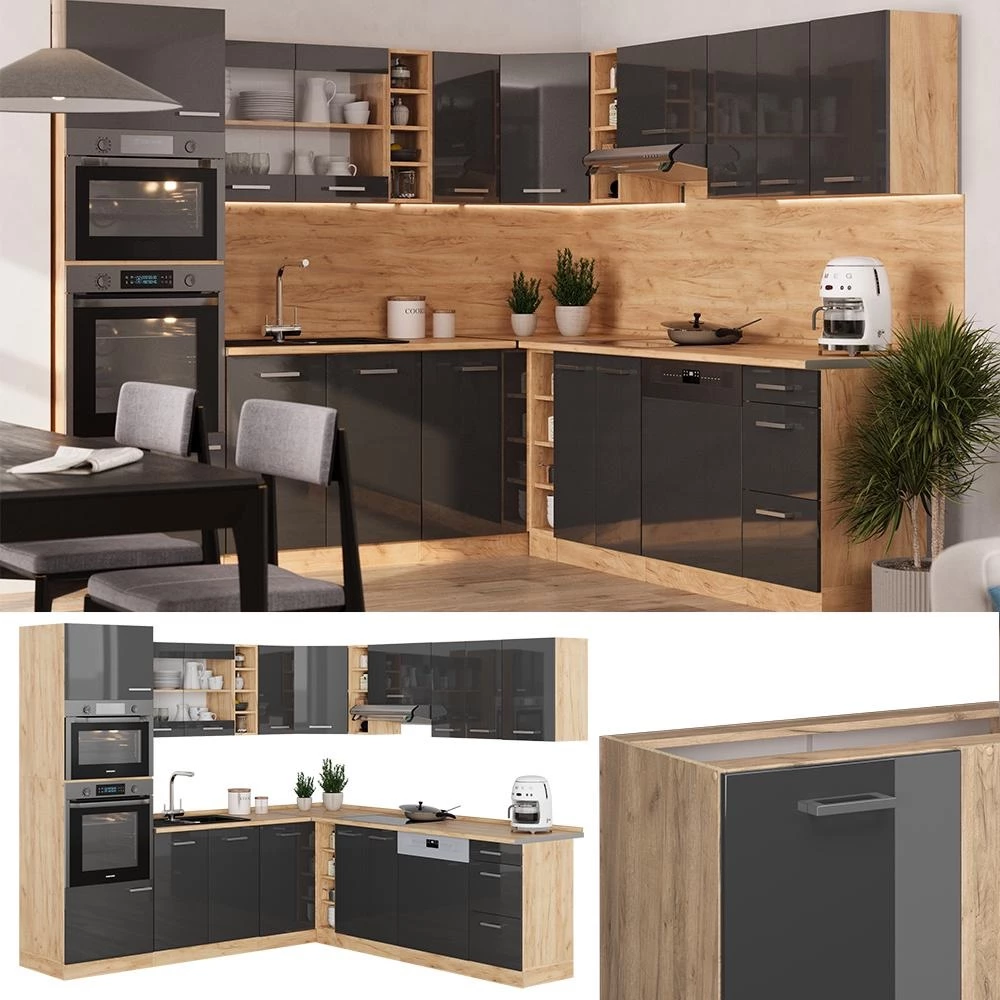 Eckküche R-Line Anthrazit Hochglanz/Goldkraft Eiche 247 x 237 cm, AP Marmor livinity®